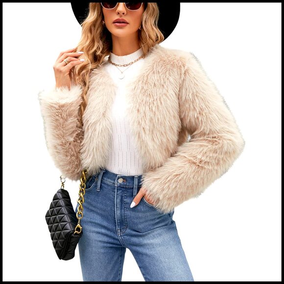 Jackets & Blazers - Cropped Faux Fur Jacket Long Sleeve Open Front Chic Winter Coat Y2K